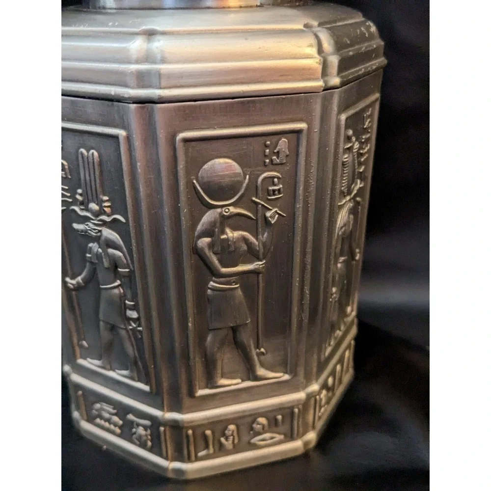 Vintage Egyptian Pharoh Ebros Sarcophagus Tea Box Canister Metal 6 Inch